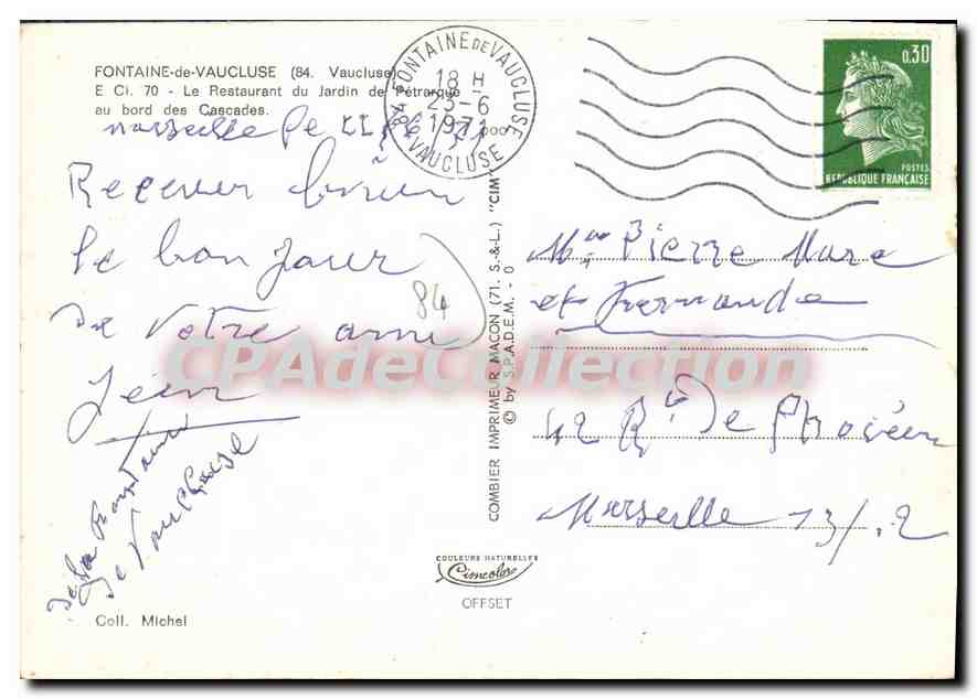 Fontaine-de-Vaucluse — Restaurant du Jardin de Pétrarque au bord des Cascades — Imprimerie Combier — Verso