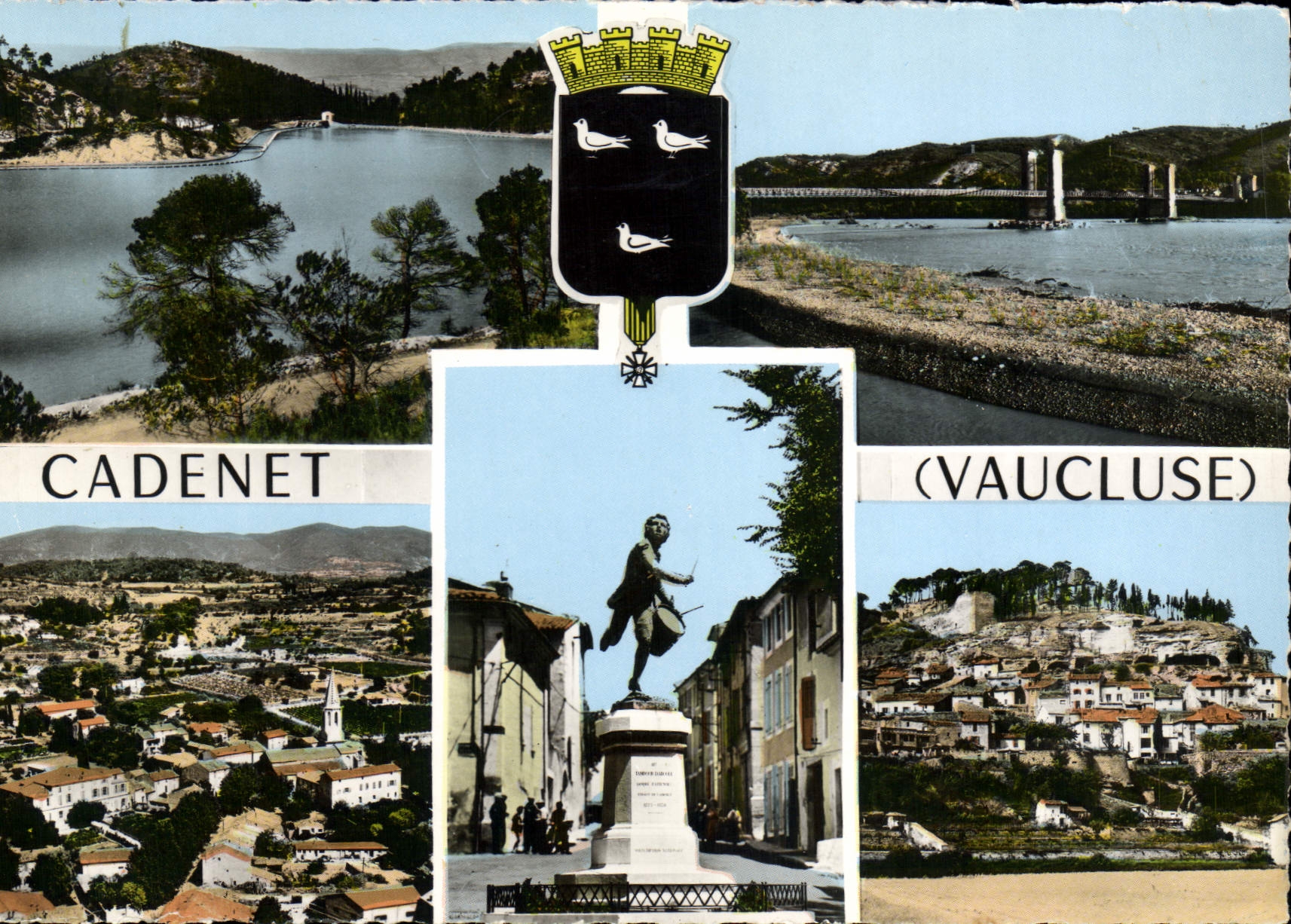 Cadenet — vue panoramique, statue, lac et village — éditeur impr. Macon (Vaucluse)