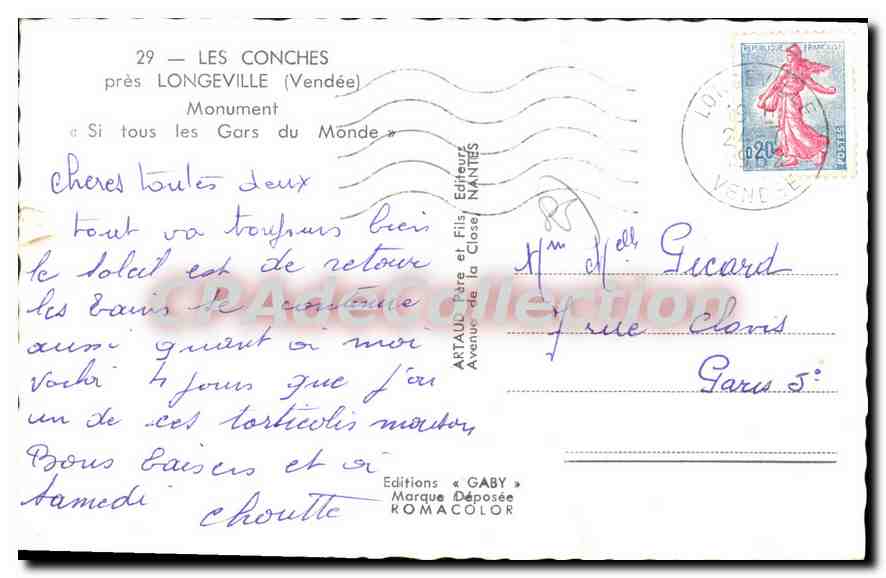 Les Conches près Longeville (Vendée) — Monument « Si tous les Gars du Monde » — Éditions Gaby — Reverso