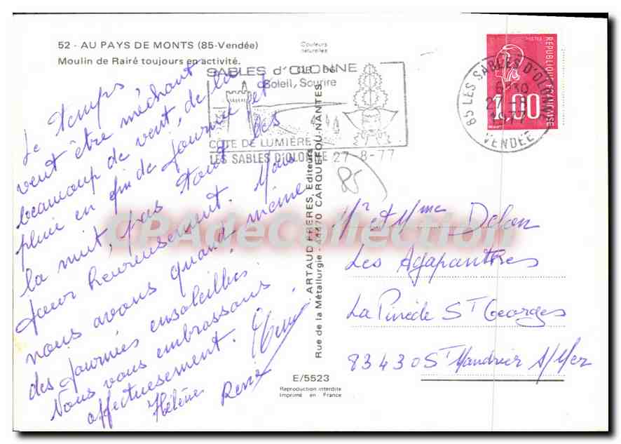 Mühle von Rairé — Sables-d'Olonne (85-Vendée) — Édition Artaud Frères — Rückseite