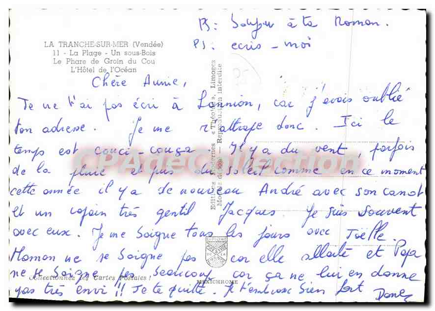 La Tranche-sur-Mer — vue de la plage, du phare, de l'hôtel et des pins — éditeur Mérichrome — Verso