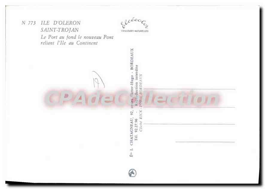 Port de Saint-Trojan — Ile d'Oléron — Éditeur Elcée, n° 773 — Verso
