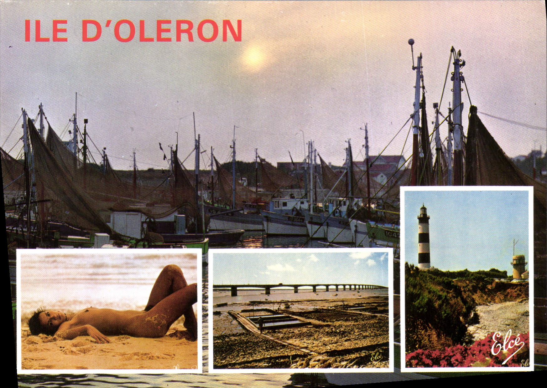 Ile d'Oléron — vue du port, plage et phare — Éditeur Elcé, n° 6196