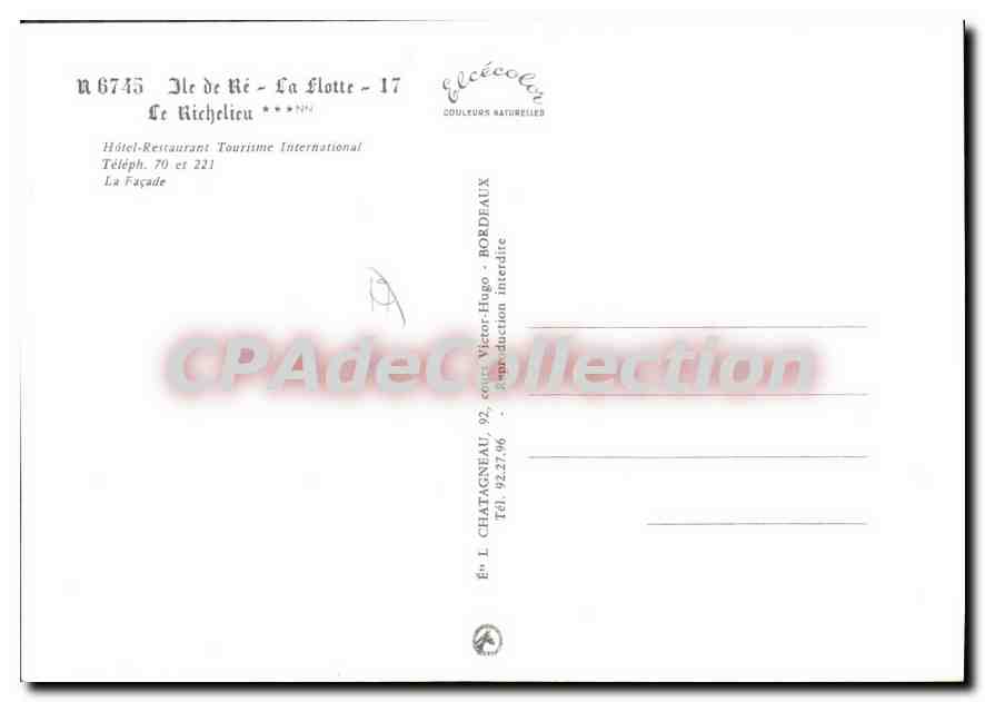 Ile de Ré - La Flotte — Le Richelieu — Éditeur Elcé, n° 6743 — Verso