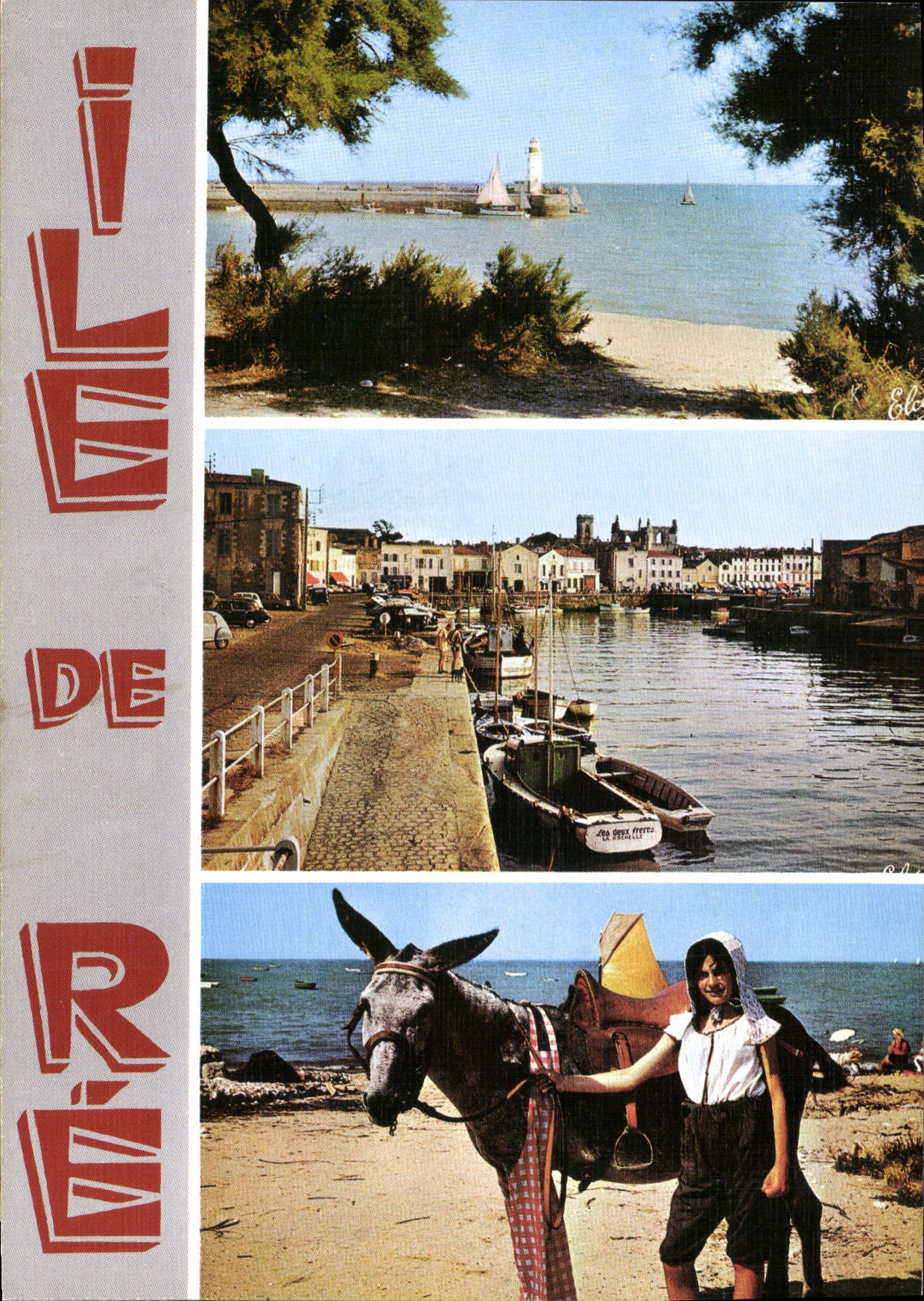 Île de Ré — Vue du phare, port et âne avec jeune fille — Éditeur Véto-Hugy, Bordeaux