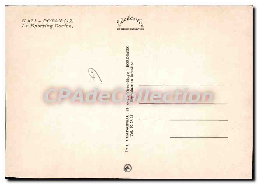 Royan — Le Sporting Casino — Éditeur Elée, n° 421 — Verso
