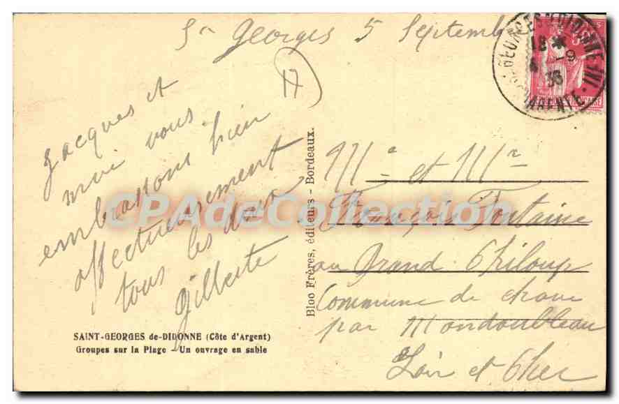 Saint-Georges-de-Diddonne — Groupes sur la plage — Un ouvrage en sable — Bloo Frères, éditeurs - Bordeaux — Verso