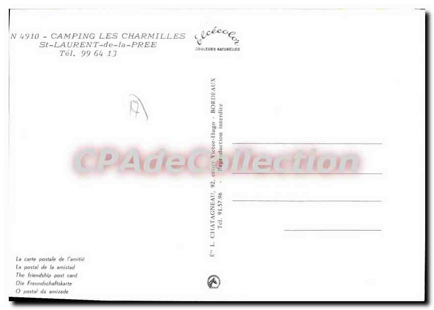 Camping les Charmilles — St-Laurent-de-la-Pree — Éditeur L. Chatagnéau, N° 4910 — Rückseite