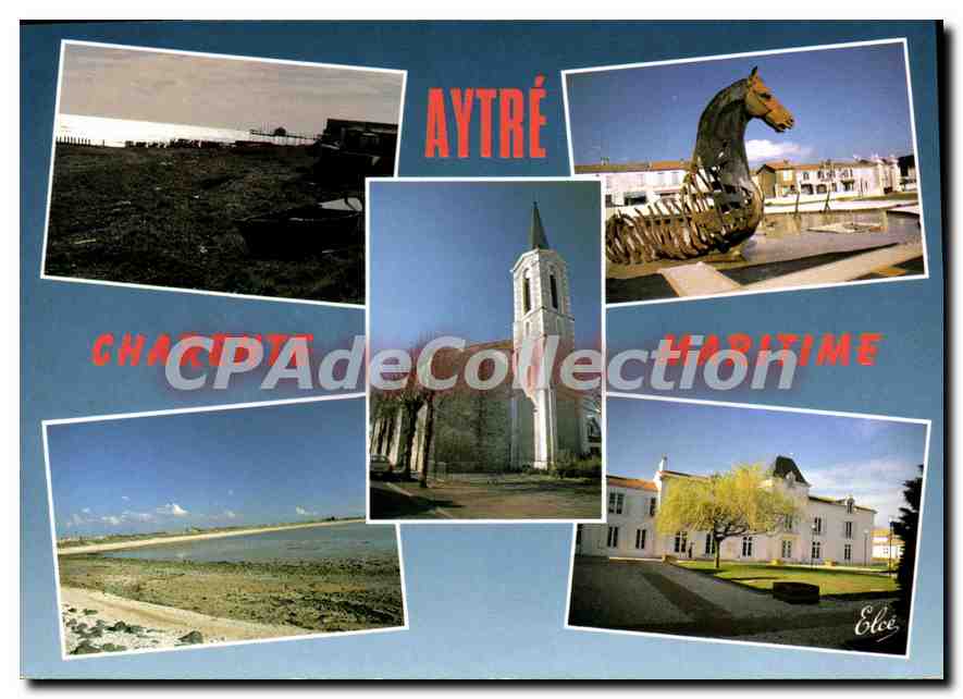 Aytré (Charente-Maritime) — vue panoramique avec église, cheval, mairie et plage — Élécé