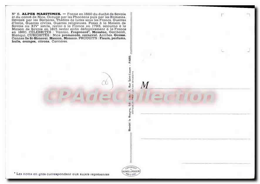 CPSM Alpes Maritimes Forme Et Du Comte De Nice — Verso