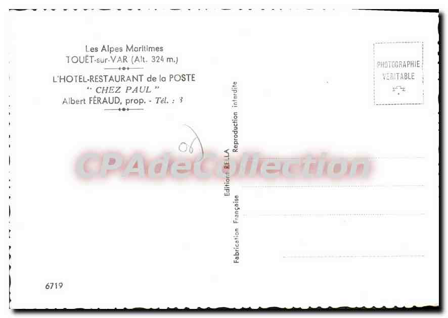 CPSM Touet Sur Var Chez Paul Albert Feraud hotel restaurant la poste — Verso