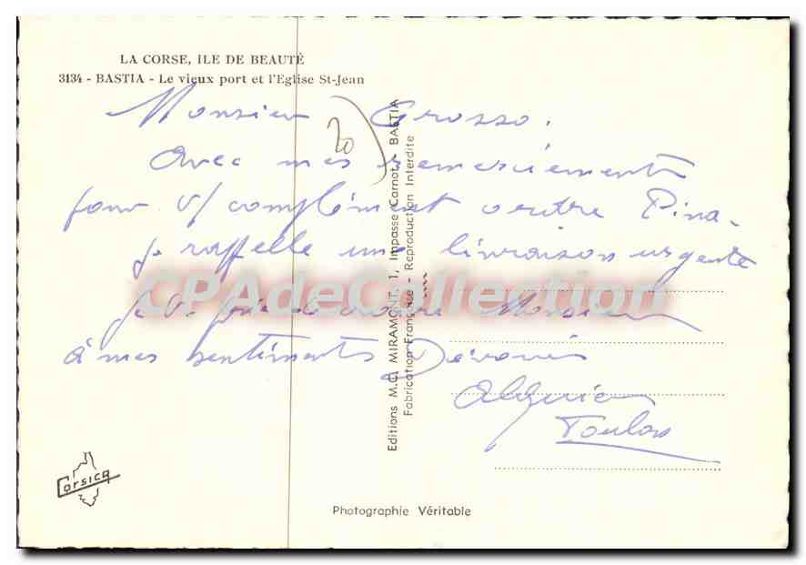 Bastia - Corse. Le Vieux Port — Église Saint-Jean — Éditions M.C. Miramont, Bastia — Verso