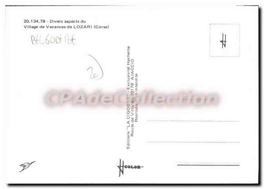 Lozari (Corse) — Divers aspects du Village de Vacances — Éditions 'LA CIGOGNE' 20178 Ajaccio — Verso