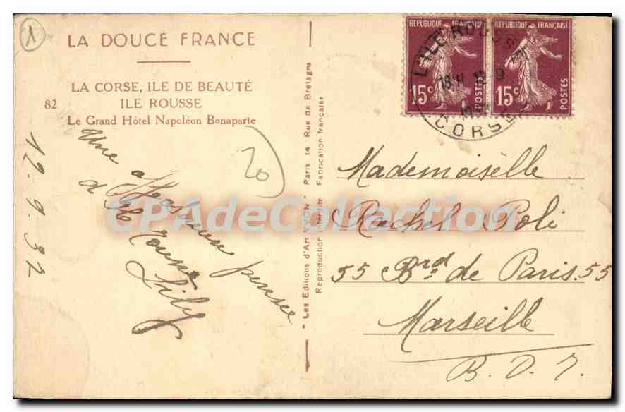 CPA Ile Rousse Le Grand Hotel Napoleon Bonaparte — Verso