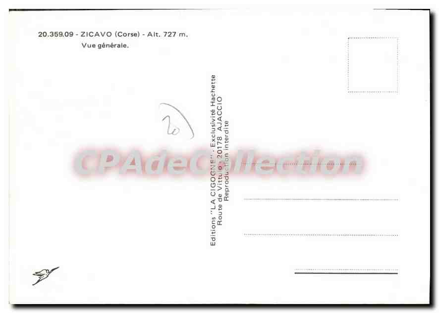 Zicavo (Corse) — Vue générale — Editions 'LA CIGOGNE' — Verso