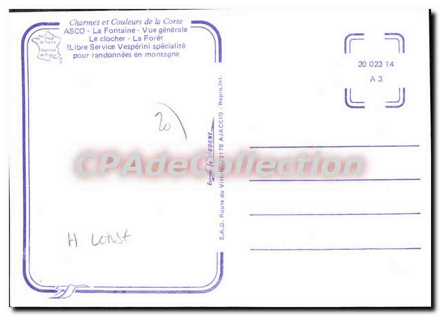 Asco — Vue générale, la fontaine, le clocher, la forêt — Libre Service Vesperini — Verso