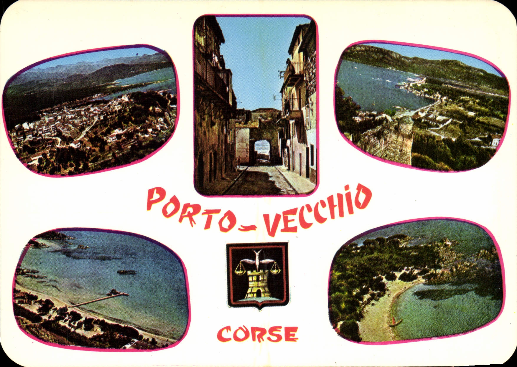 Porto-Vecchio — vue panoramique et rue — Charmes et Couleurs de la Corse, éditée par S.A.D. Route du Vittorino, Ajaccio