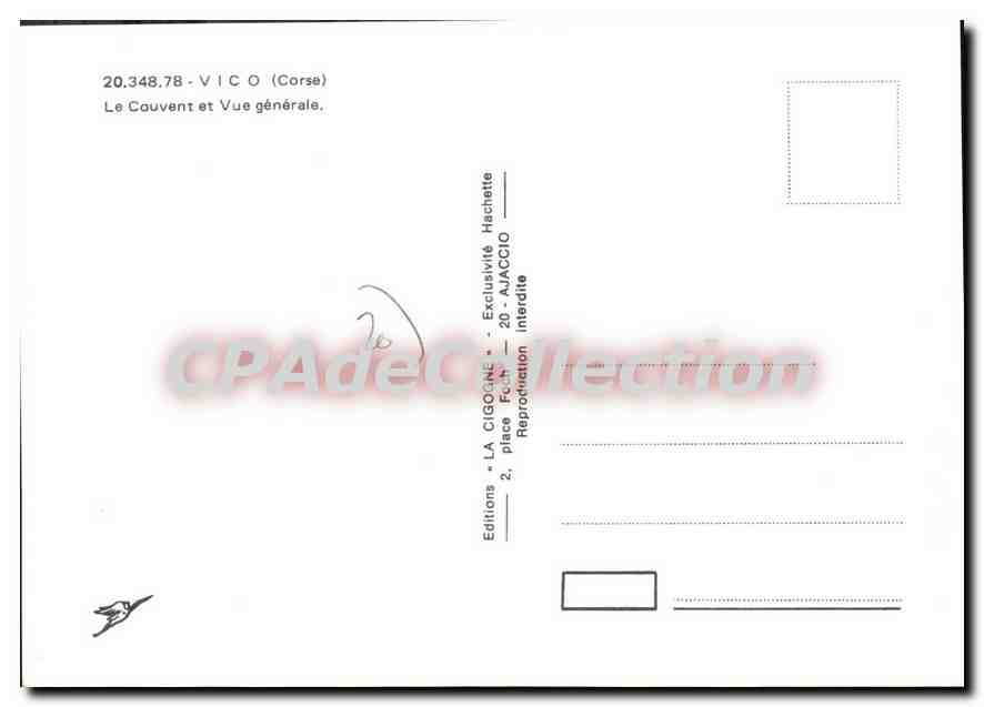 Vico (Corse) — Vue générale du couvent — Editions LA CIGOGNE — Verso