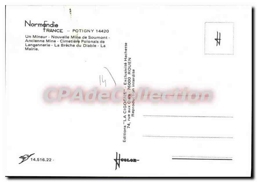 Potigny — Mine de Soumont, cimetière, paysage — Éditions 'LA CIGOGNE', Rouen — Verso