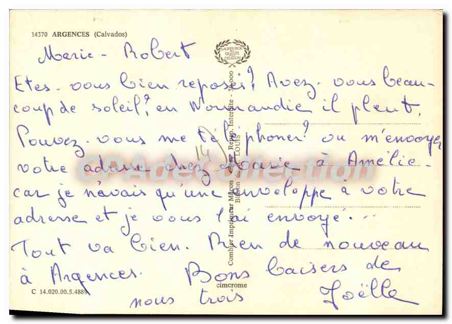 Argences — vue de la ville, église, édifice public — éditeur non identifié, n° de série non visible — Verso