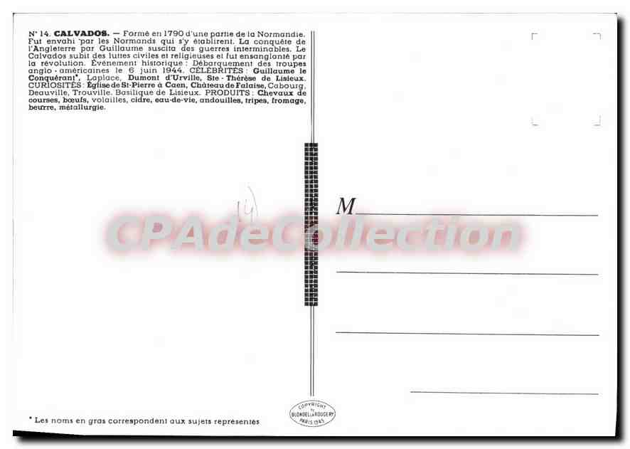 Calvados — Carte postale illustrée — N°14 — Éditeur J.P. Pinchon — Reverso