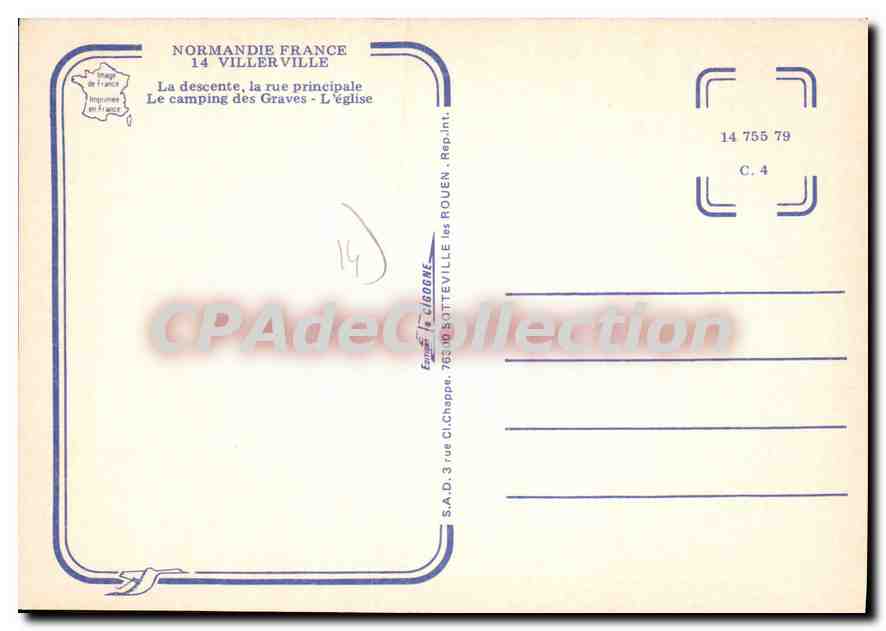 Villerville — vue de la plage, rue principale, camping des Graves, église — S.A.D. Imprimeur Rouen — Verso