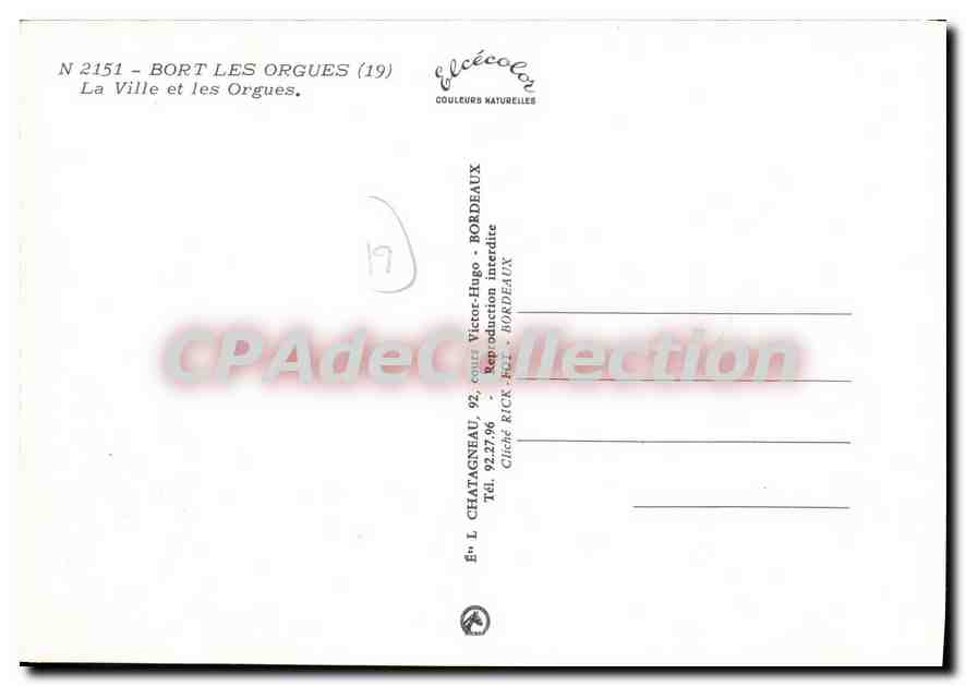 Bort-les-Orgues (19) — La Ville et les Orgues — Élécécolor, Châtagnéau, Bordeaux — Verso