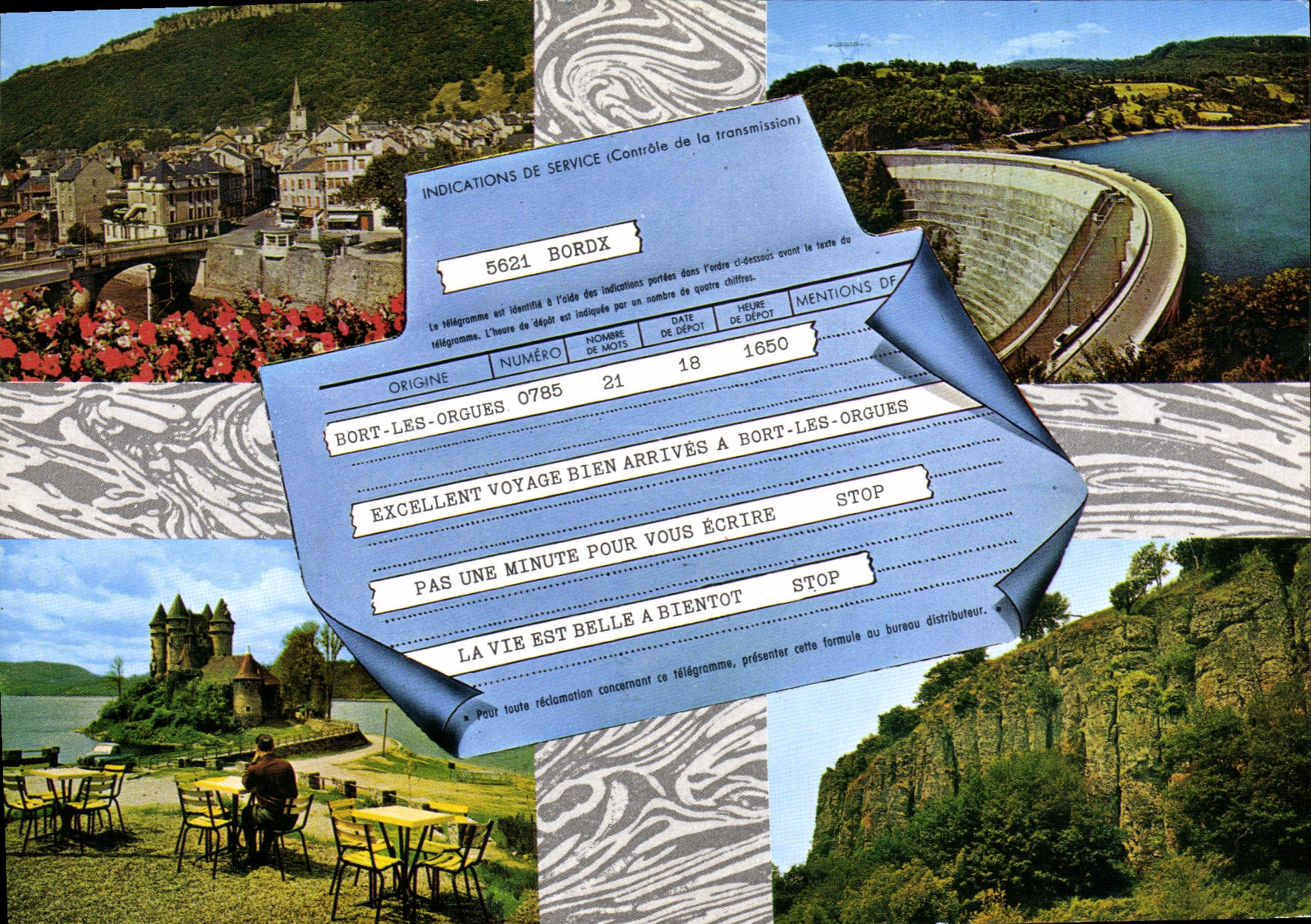 Bort-les-Orgues — Vue panoramique avec château, barrage et village — Éditions C. Juventin
