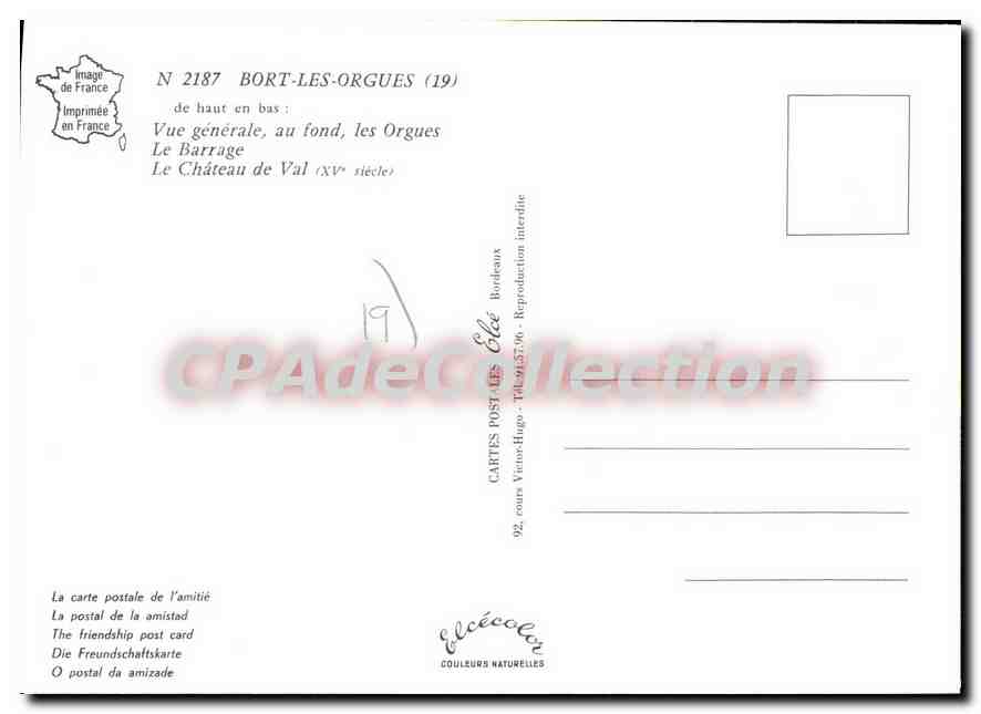 BORT-LES-ORGUES — Vue générale, barrage, château — Éditeur Éléécolor, n° 2187 — Verso