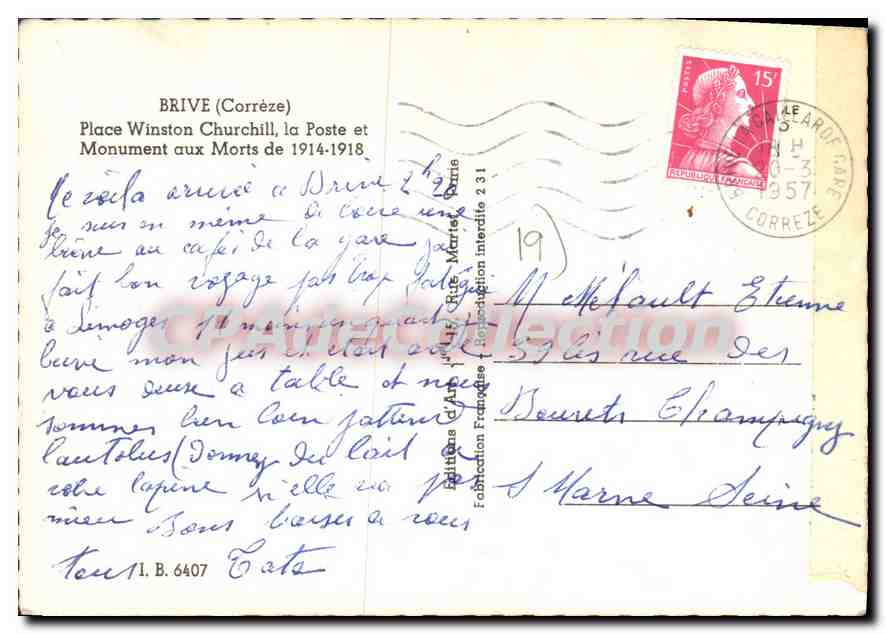 Brive (Corrèze) — Place Winston Churchill, Monument aux Morts 1914-1918 — Éditions d'Art Martine — Rückseite