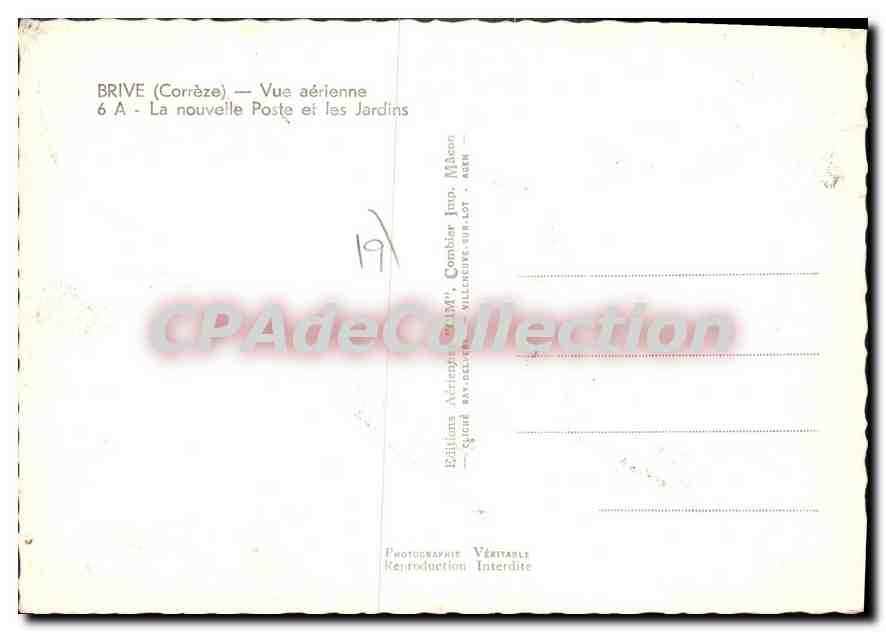 Brive (Corrèze) — Vue aérienne — La nouvelle Poste et les Jardins — Éditions Aériennes, Combier Imp. Mâcon — Verso