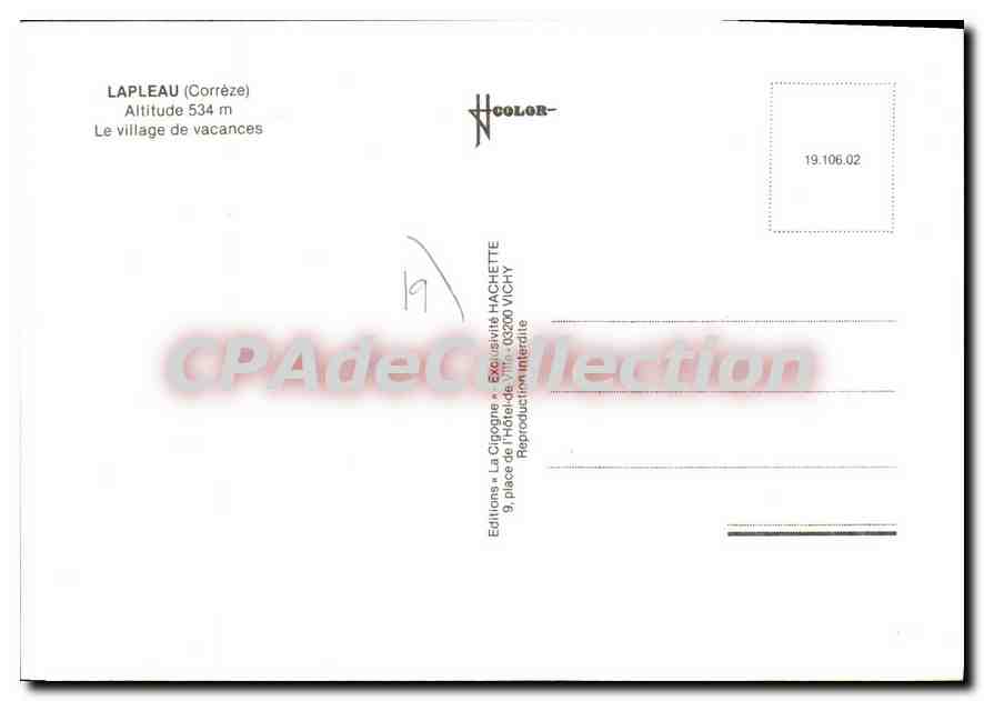 La Cigogne — Lapleau (Corrèze) — Éditeur La Cigogne, Hachette Vichy — Verso