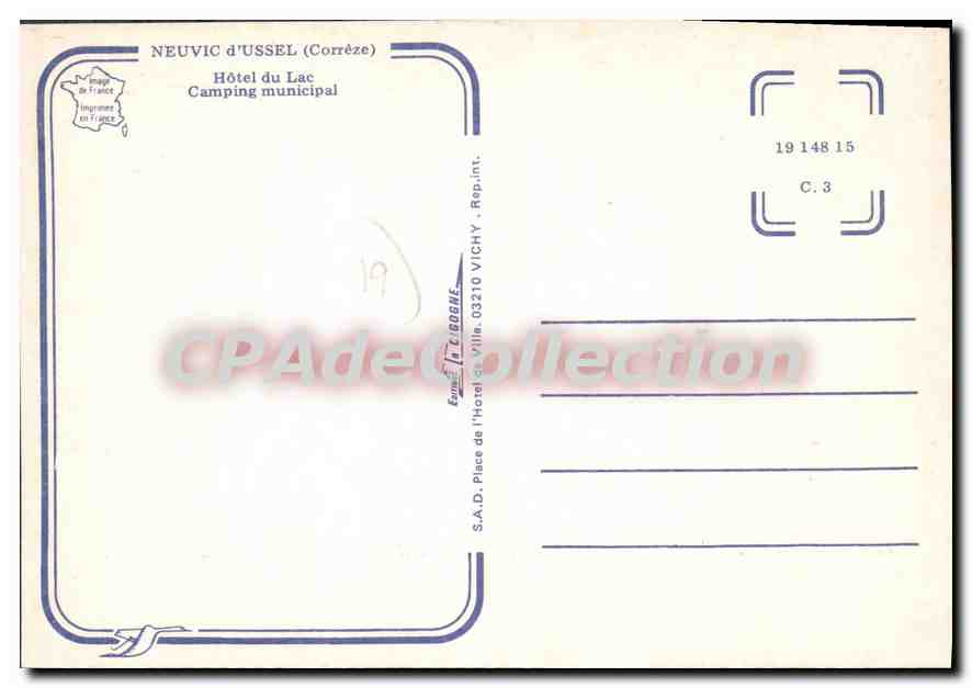 Neuvic d'Usse (Corrèze) — Hôtel du Lac et camping municipal — Éditeur : S.A.D. Place de l'Hôtel de France, Vichy — Verso