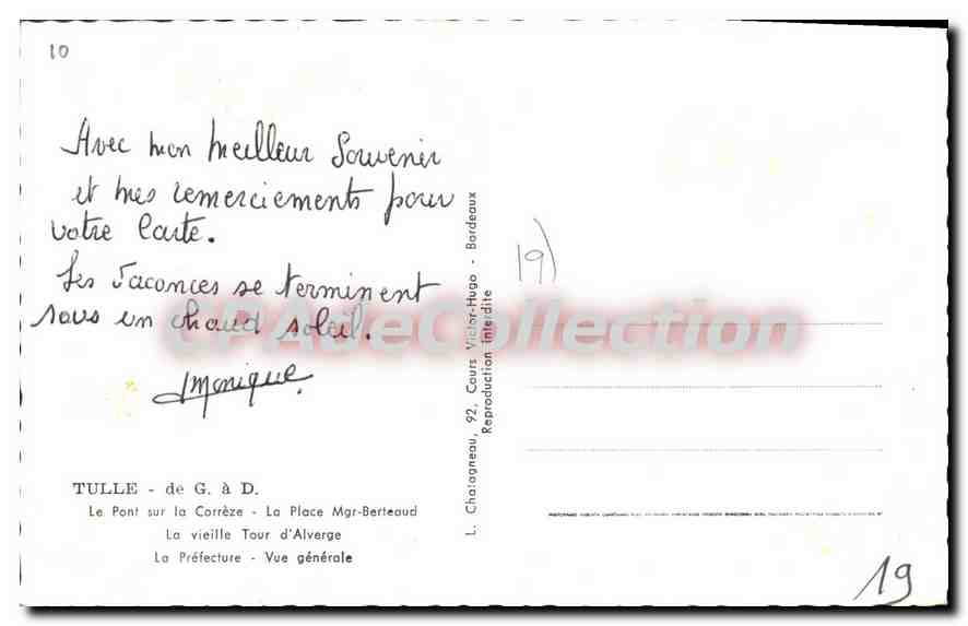 Tulle — Souvenir de Tulle — L. Chatoigneau, 92, Cours Victor-Hugo — Rückseite