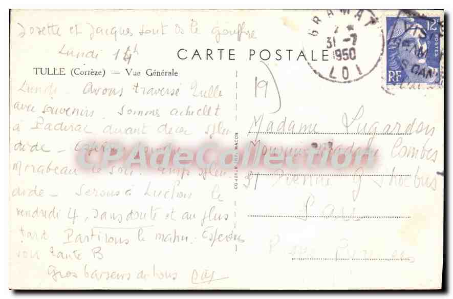 Tulle (Corrèze) — Vue Générale — Éditeur inconnu, n°19 — Verso