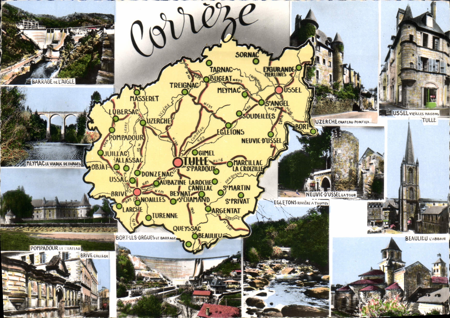 Corrèze — Carte postale panoramique avec carte et photos de lieux — Éditeur : S.A. Imp. M. Néron