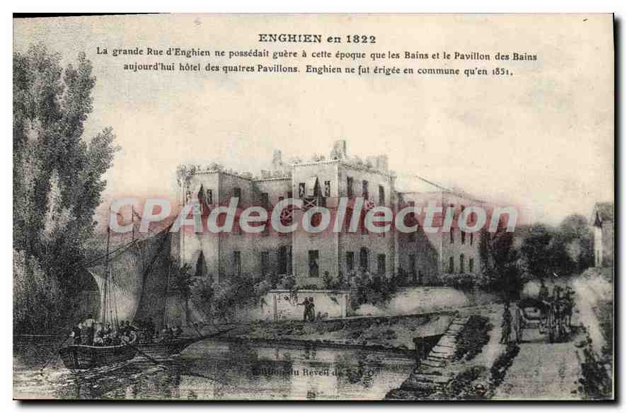 Enghien en 1822 — Vue de la grande rue avec les bains et le pavillon des bains — Édition du Réveil des 5-6-0