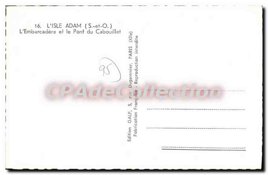 L'Isle Adam (S.-et-O.) — El Muelle y el Puente del Cabouillet — Edición GALF, París — Reverso