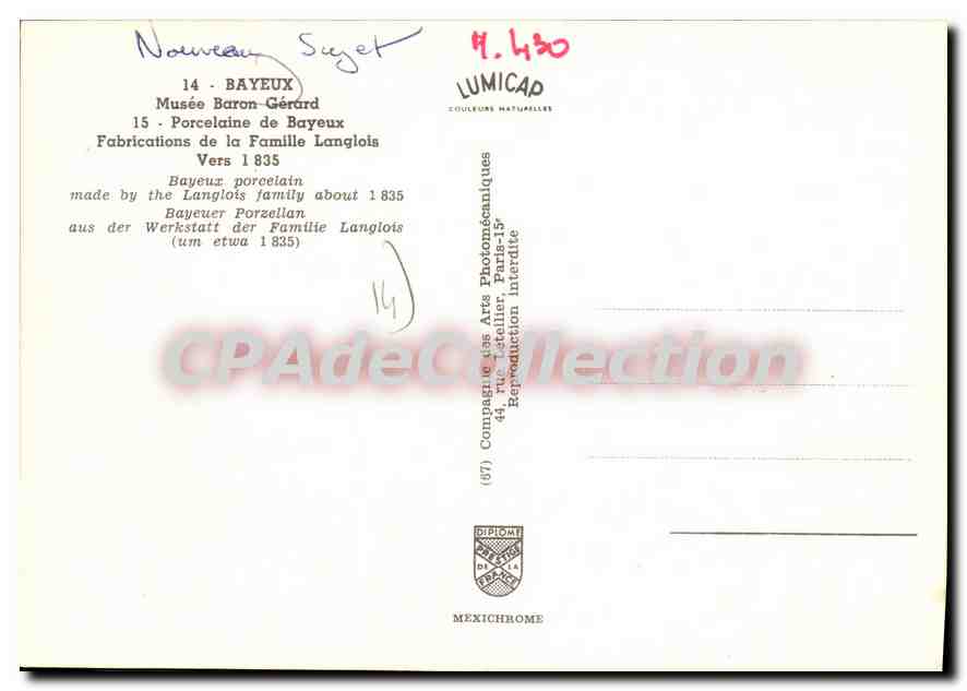 Porcelaine de Bayeux — Fabrications de la Famille Langlois vers 1835 — Mexichrome — Verso
