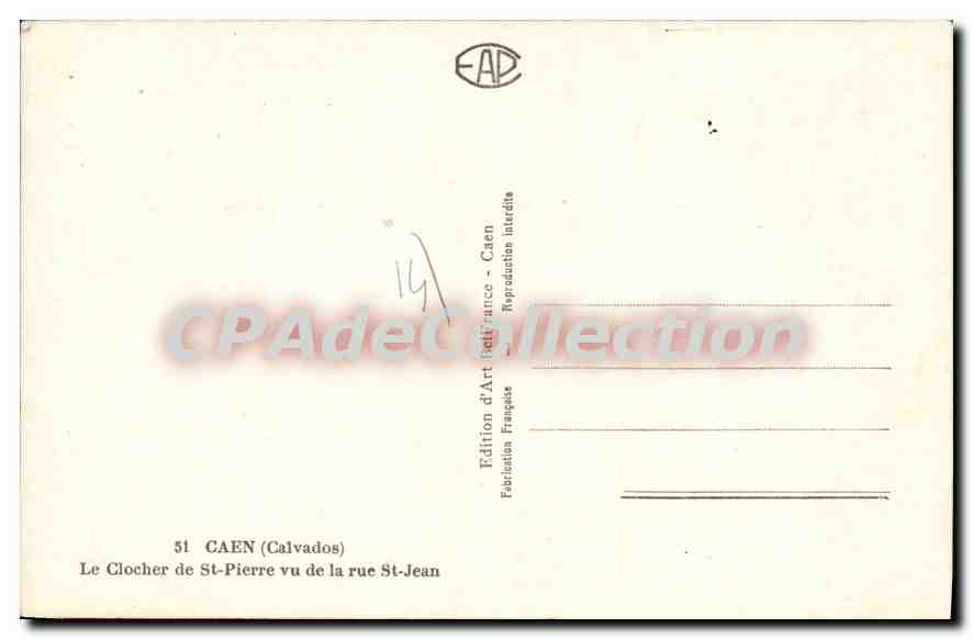 Le Clocher de St-Pierre vu de la rue St-Jean — Caen (Calvados) — Édition d'Art belgienne — Verso