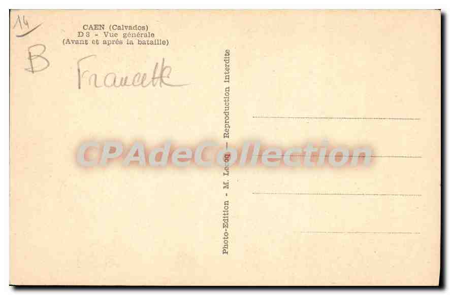 CPA Caen Vue Generale avant et après la bataille — Verso
