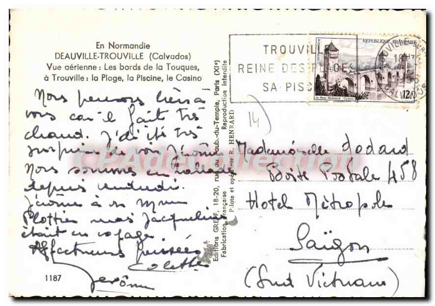 Trouville-sur-Mer — Vue aérienne des bords de la Touques, la piscine et le casino — Éditions Greff — Verso