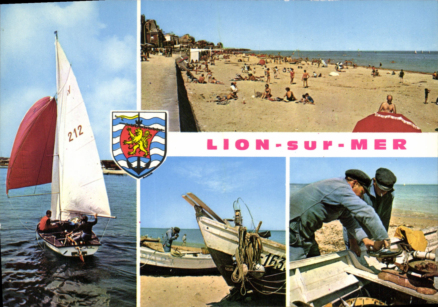 Lion-sur-Mer — Ansicht der Strandpromenade, Segelboote und Fischer — Éditions 'La Cigogne' Hachette