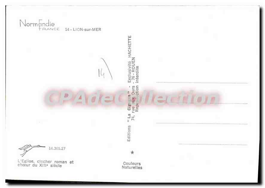 Lion-sur-Mer — Église, clocher roman et chœur du XIIIe siècle — Éditions Hachette, Rouen — Verso