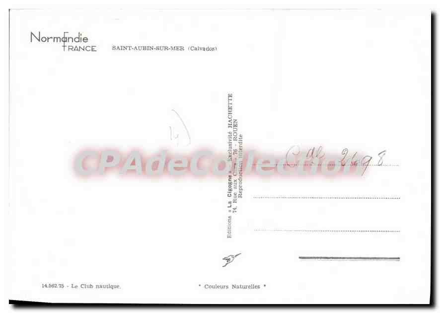 Saint-Aubin-sur-Mer — Plage avec voiliers et embarcations — L.A. Cigogne, n° 14.562.75 — Verso