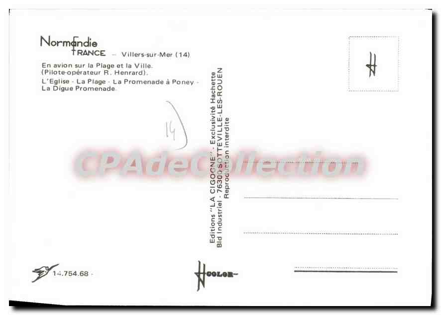 Villers-sur-Mer — vista aérea, playa, iglesia, carruaje, muelle — Ediciones La Cigogne — Reverso