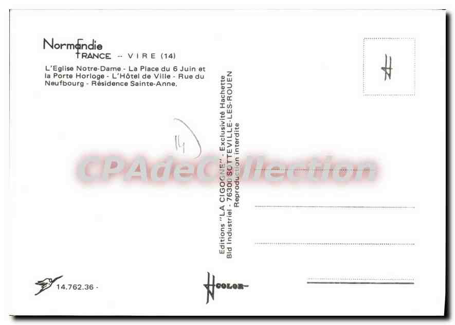 Vire — Église Notre-Dame, Place du 6 Juin, Hôtel de Ville, Porte Horloge, Résidence Sainte-Anne — Éditions 'LA CIGOGNE' — Verso
