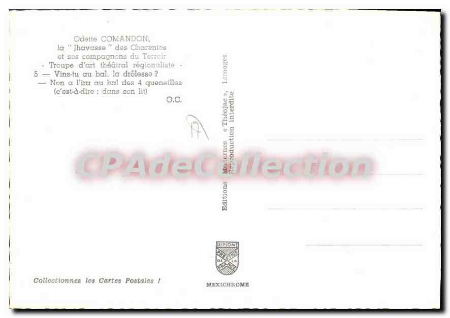 CPSM Odette Comandon La Jhavasse Des Charentes a l'ira au bal des 4 queneilles dans son lit — Rückseite