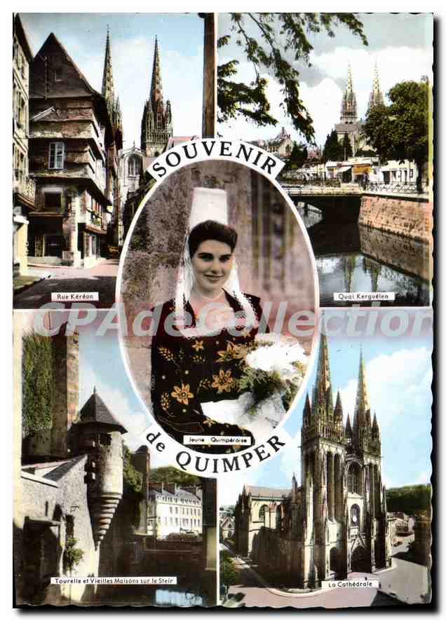 CPSM Quimper rue Kéréon quai Kerguélen jeune quimpéroise cathédrale