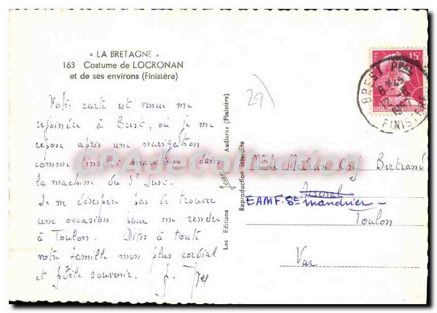 CPSM La Bretagne Costume De Locronan Et De Ses Environs — Verso